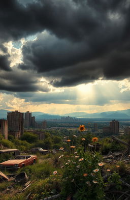 A stunning, post-apocalyptic landscape showcasing a desolate city skyline with crumbling buildings and overgrown vegetation