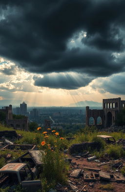 A stunning, post-apocalyptic landscape showcasing a desolate city skyline with crumbling buildings and overgrown vegetation