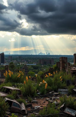 A stunning, post-apocalyptic landscape showcasing a desolate city skyline with crumbling buildings and overgrown vegetation
