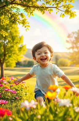 A serene and heartwarming scene depicting the journey of childhood, showing a young boy joyfully playing in a sunlit park