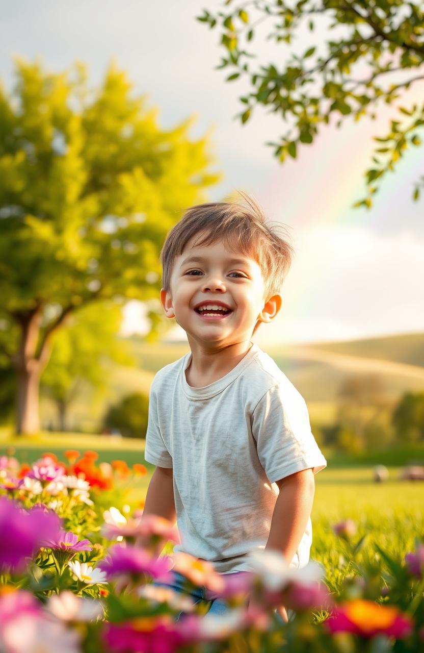 A serene and heartwarming scene depicting the journey of childhood, showing a young boy joyfully playing in a sunlit park