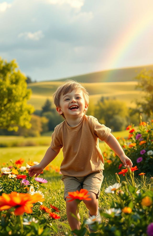 A serene and heartwarming scene depicting the journey of childhood, showing a young boy joyfully playing in a sunlit park