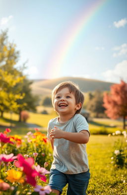 A serene and heartwarming scene depicting the journey of childhood, showing a young boy joyfully playing in a sunlit park