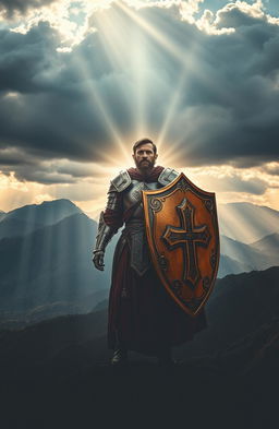 An inspiring and motivational scene depicting a valiant Christian figure standing amidst adversity, dressed in a traditional armor reminiscent of a knight, illuminated by sunlight breaking through dark clouds