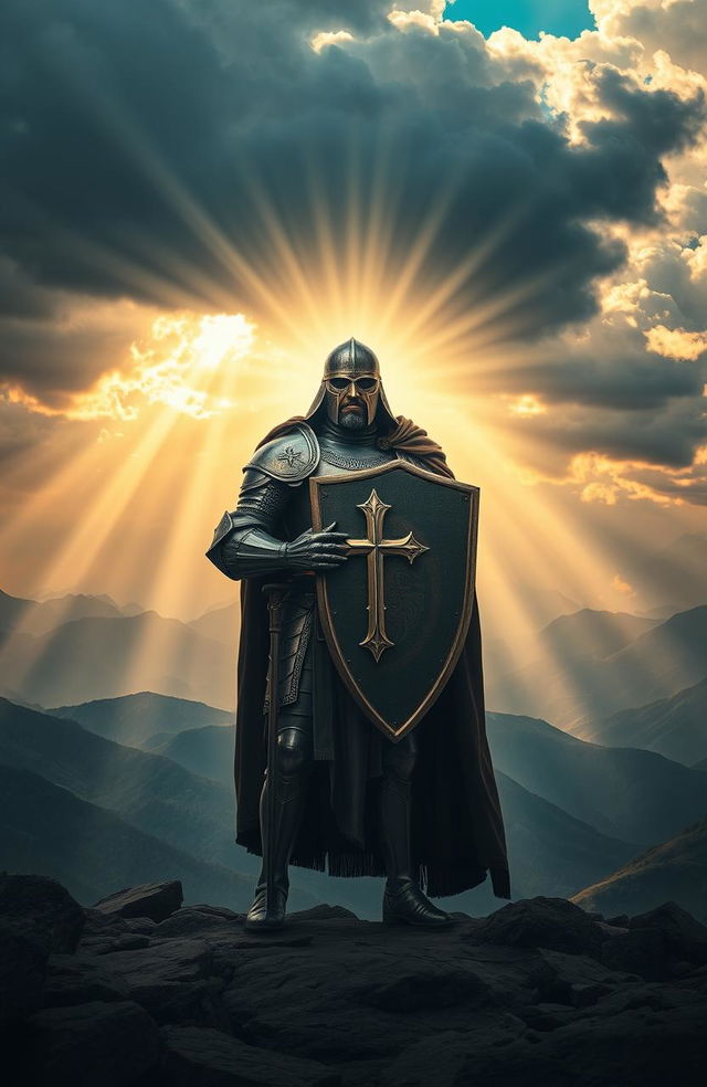 An inspiring and motivational scene depicting a valiant Christian figure standing amidst adversity, dressed in a traditional armor reminiscent of a knight, illuminated by sunlight breaking through dark clouds