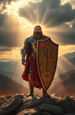 An inspiring and motivational scene depicting a valiant Christian figure standing amidst adversity, dressed in a traditional armor reminiscent of a knight, illuminated by sunlight breaking through dark clouds