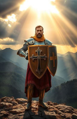 An inspiring and motivational scene depicting a valiant Christian figure standing amidst adversity, dressed in a traditional armor reminiscent of a knight, illuminated by sunlight breaking through dark clouds