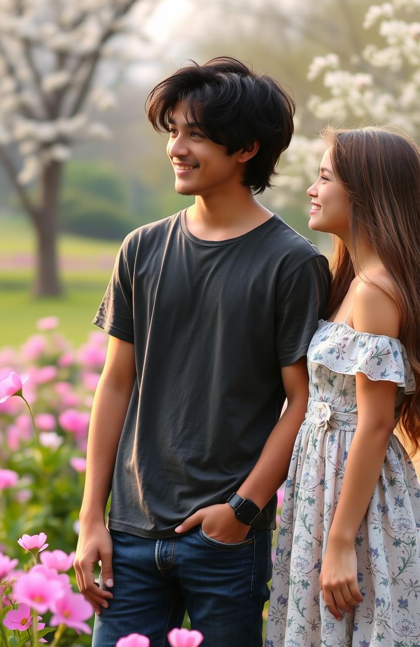 A romantic scene showcasing Mahiza, a 19-year-old boy with a charming smile and relaxed demeanor, standing in a beautiful park