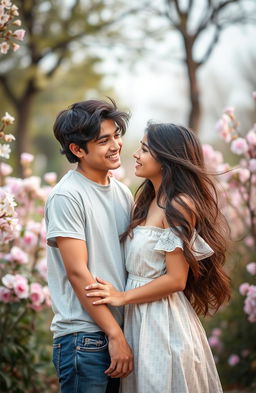 A romantic scene showcasing Mahiza, a 19-year-old boy with a charming smile and relaxed demeanor, standing in a beautiful park
