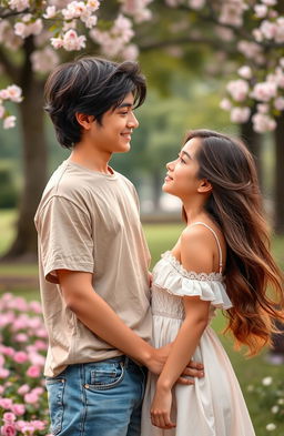 A romantic scene showcasing Mahiza, a 19-year-old boy with a charming smile and relaxed demeanor, standing in a beautiful park
