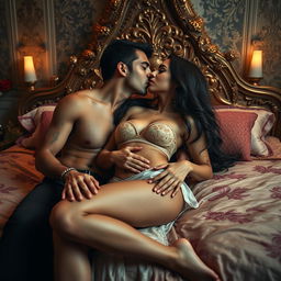 A sensual and intimate scene set in an opulent Indian bedroom