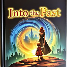 A touching book cover for the title "Into the Past" featuring a poignant scene of a mother and child standing at the edge of a mystical time portal