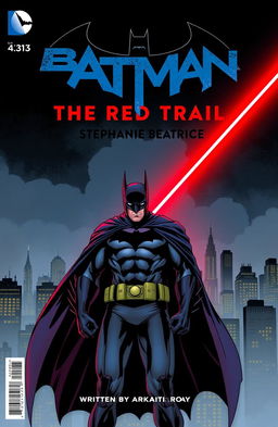 A dynamic comic book cover for 'Batman: The Red Trail', featuring a dark, moody Gotham City skyline at night