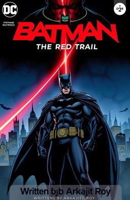 A dynamic comic book cover for 'Batman: The Red Trail', featuring a dark, moody Gotham City skyline at night
