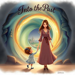 A heartwarming illustration titled "Into the Past" featuring a mother and child standing together before a magical time portal