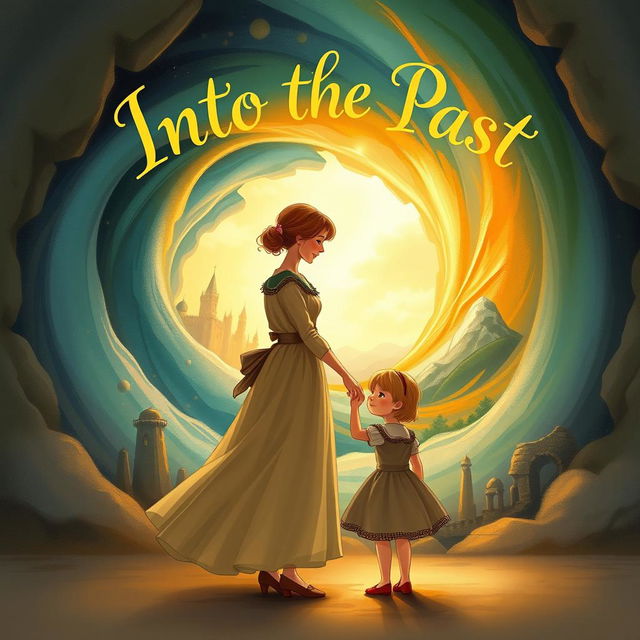 A heartwarming illustration titled "Into the Past" featuring a mother and child standing together before a magical time portal