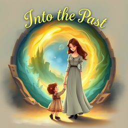 A heartwarming illustration titled "Into the Past" featuring a mother and child standing together before a magical time portal