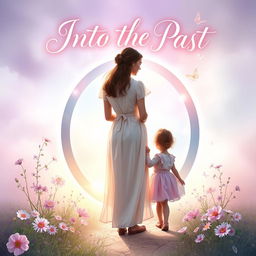 An aesthetically pleasing book cover for the title "Into the Past" featuring a serene scene of a mother and child standing together in front of a magical time portal
