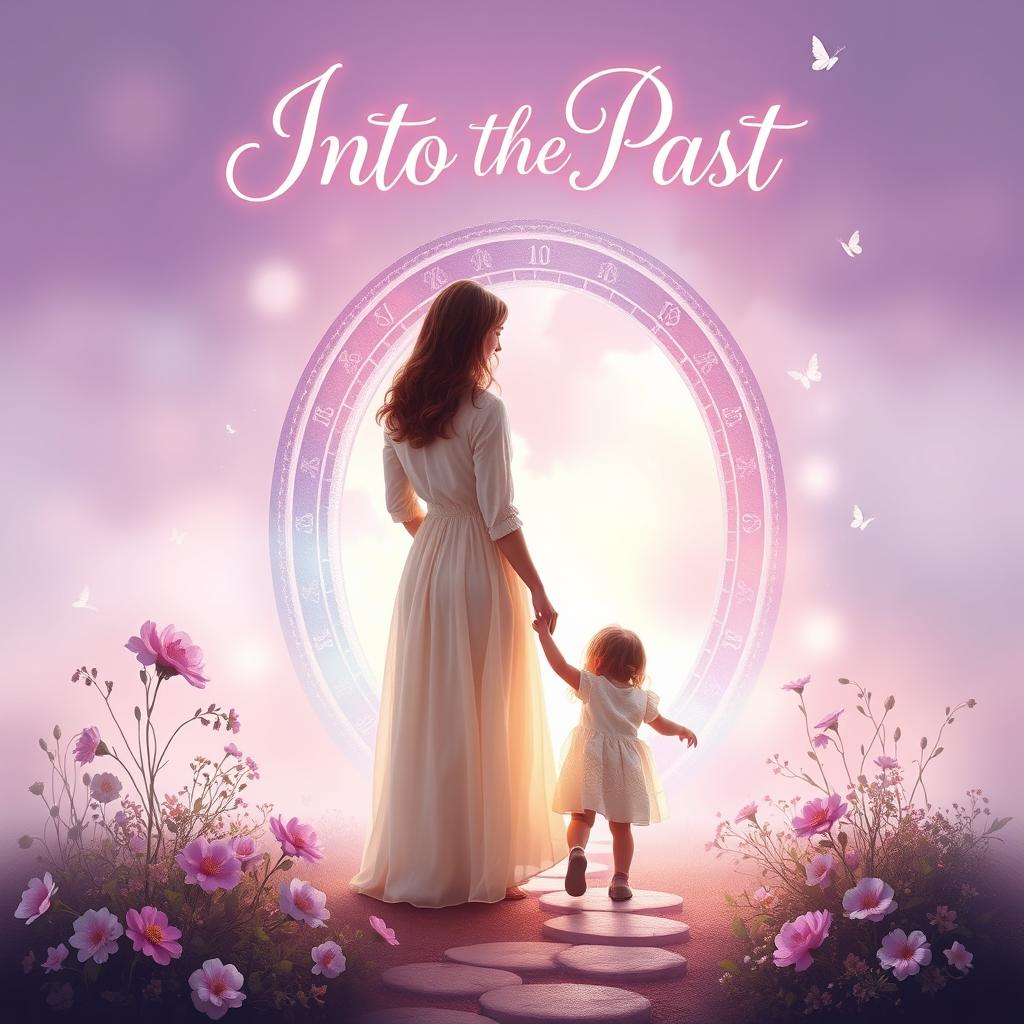 An aesthetically pleasing book cover for the title "Into the Past" featuring a serene scene of a mother and child standing together in front of a magical time portal