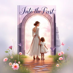 An aesthetically pleasing book cover for the title "Into the Past" featuring a serene scene of a mother and child standing together in front of a magical time portal
