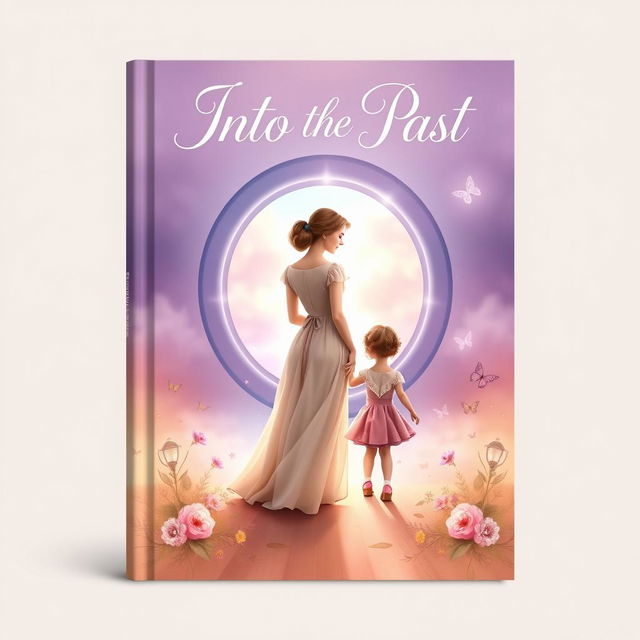 An aesthetically pleasing book cover for the title "Into the Past" featuring a serene scene of a mother and child standing together in front of a magical time portal