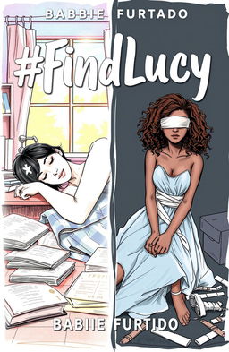 A professional sketch style artwork featuring a split scene for the book cover titled '#FindLucy' by Barbie Furtado
