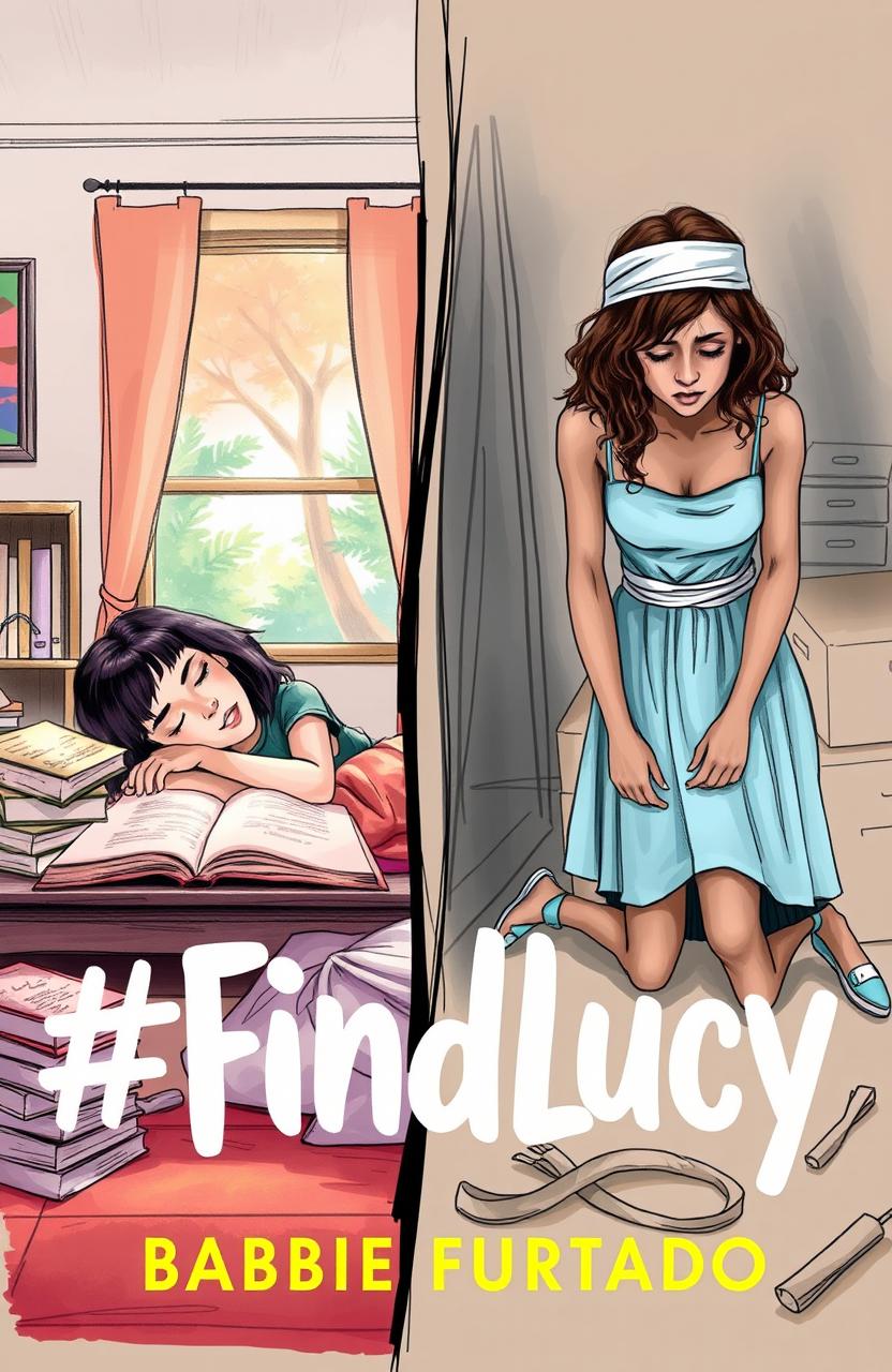 A professional sketch style artwork featuring a split scene for the book cover titled '#FindLucy' by Barbie Furtado