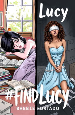 A professional sketch style artwork featuring a split scene for the book cover titled '#FindLucy' by Barbie Furtado