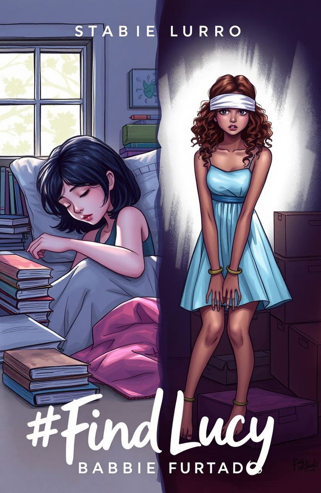 A professional sketch featuring two girls in a contrasting scene for a book cover titled '#FindLucy' by author Barbie Furtado