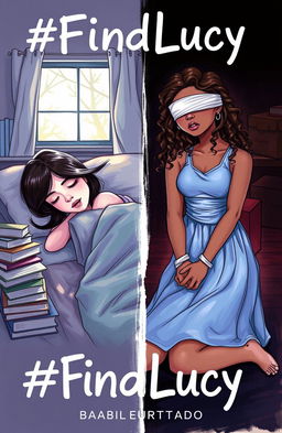 A professional sketch featuring two girls in a contrasting scene for a book cover titled '#FindLucy' by author Barbie Furtado