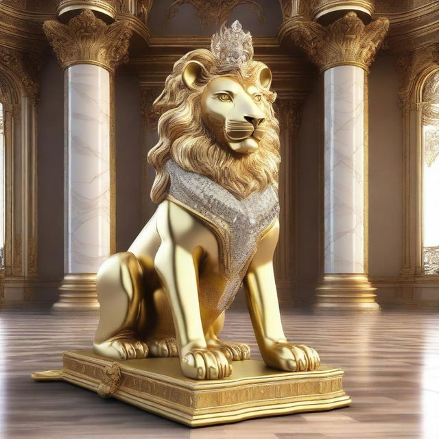 Generate an image of a royal lion made entirely of gold and embellished with diamonds