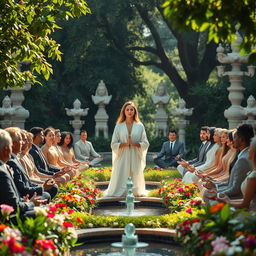 A serene scene depicting a diverse group of around 30 affluent men and women in elegant, luxurious attire, meditating in a beautifully landscaped garden filled with vibrant flowers and lush greenery