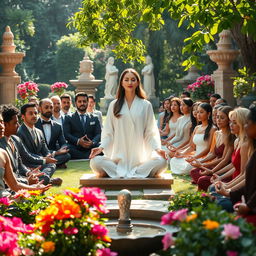 A serene scene depicting a diverse group of around 30 affluent men and women in elegant, luxurious attire, meditating in a beautifully landscaped garden filled with vibrant flowers and lush greenery