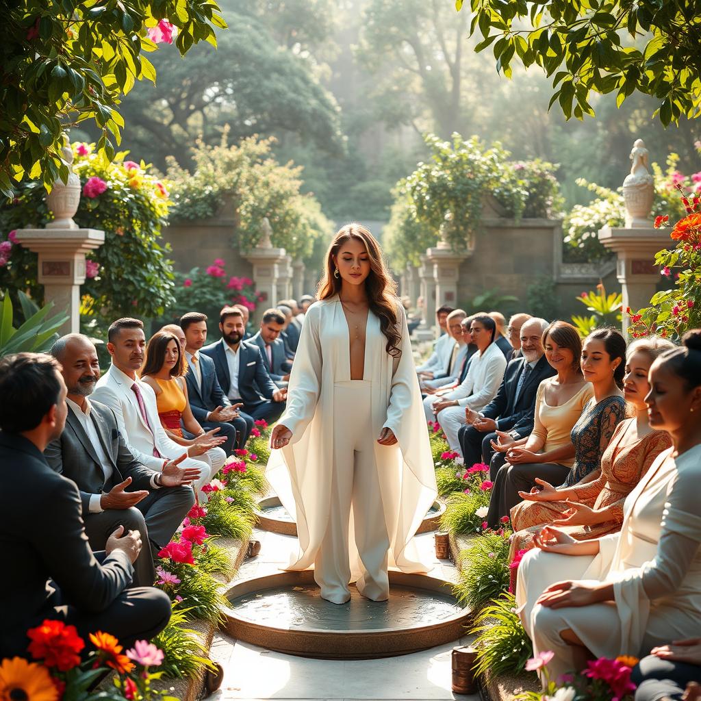 A serene scene depicting a diverse group of around 30 affluent men and women in elegant, luxurious attire, meditating in a beautifully landscaped garden filled with vibrant flowers and lush greenery