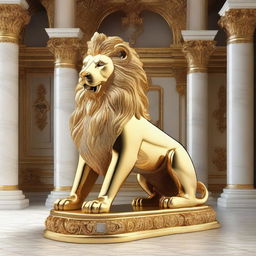 Generate an image of a royal lion made entirely of gold and embellished with diamonds