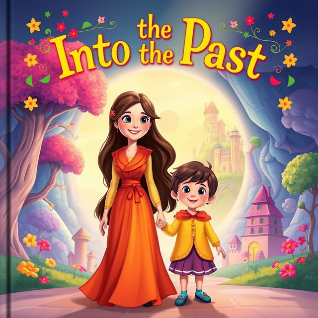 An enchanting animated-style book cover for the title "Into the Past," featuring a mother and child depicted in a vibrant, colorful illustration