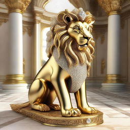 Generate an image of a royal lion made entirely of gold and embellished with diamonds