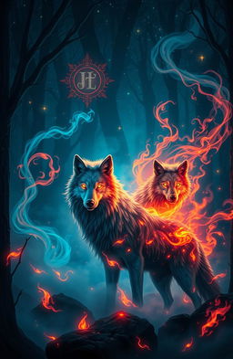 A mystical scene featuring wolves surrounded by swirling magical energies and flames