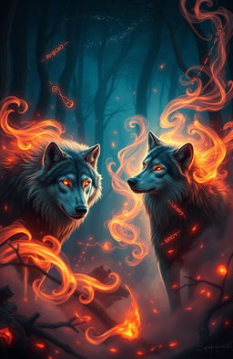 A mystical scene featuring wolves surrounded by swirling magical energies and flames