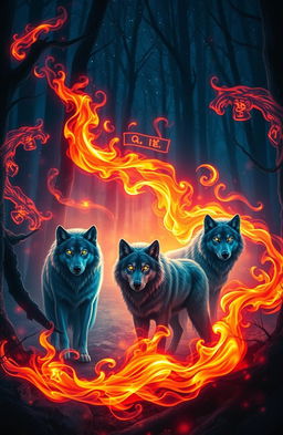 A mystical scene featuring wolves surrounded by swirling magical energies and flames