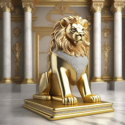 Generate an image of a royal lion made entirely of gold and embellished with diamonds