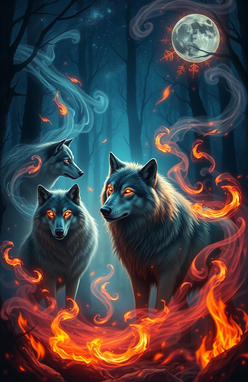 A mystical scene featuring wolves surrounded by swirling magical energies and flames