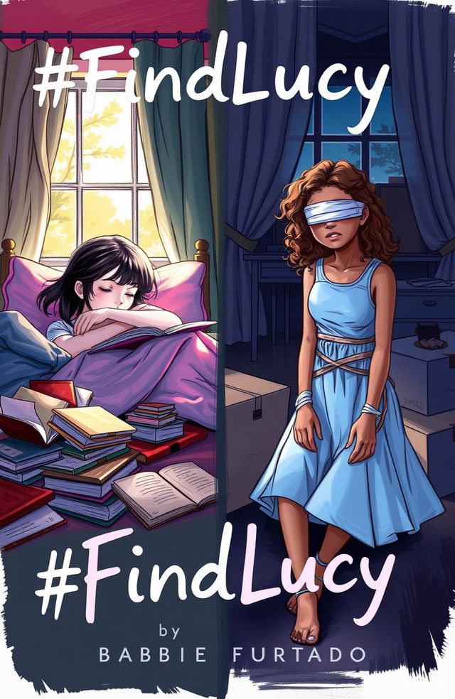 A professional sketch illustration featuring two girls as the central characters on a book cover titled '#FindLucy' by Barbie Furtado