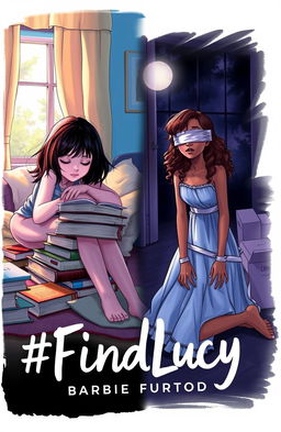 A professional sketch illustration featuring two girls as the central characters on a book cover titled '#FindLucy' by Barbie Furtado