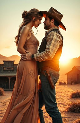 A romantic and adventurous scene featuring Jessie, a strong and independent female protagonist, and a rugged outlaw in a dramatic Western setting
