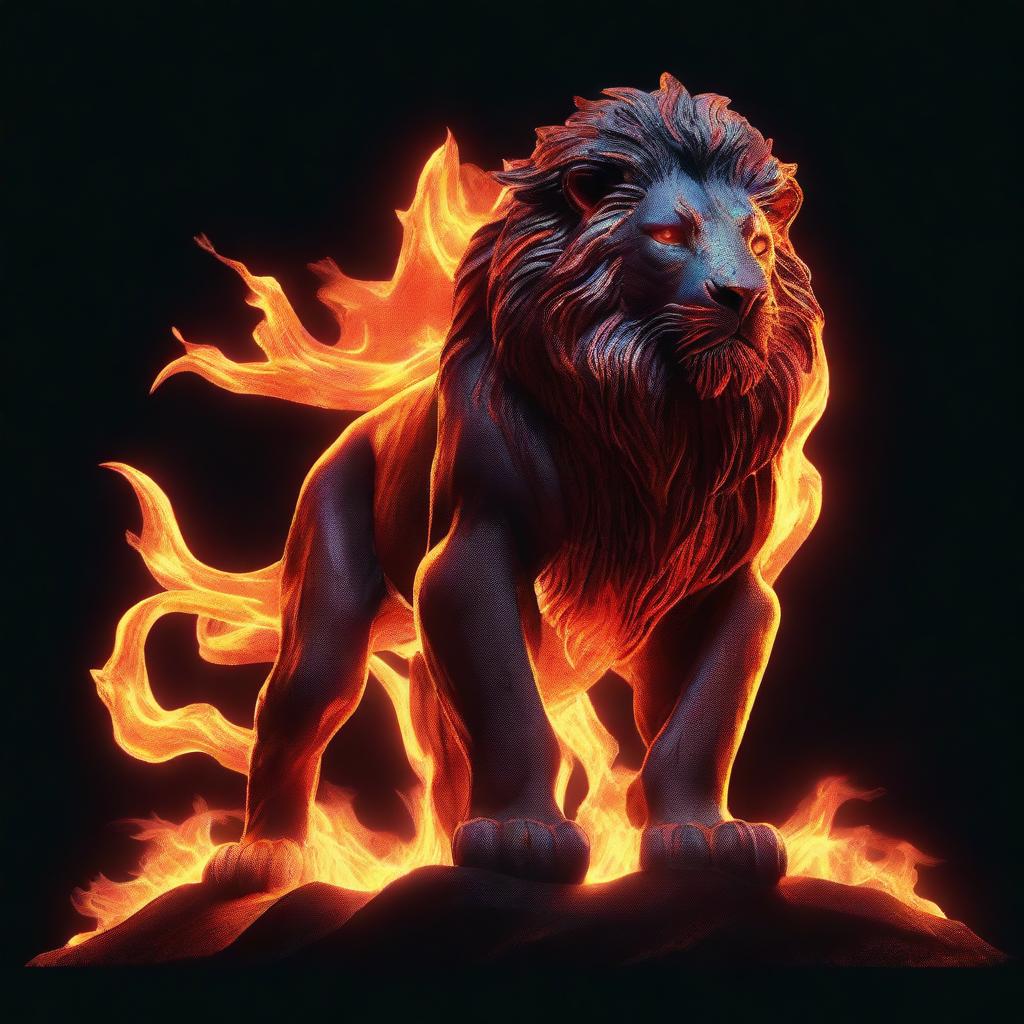 Generate an image of a fierce lion forged from flowing molten lava