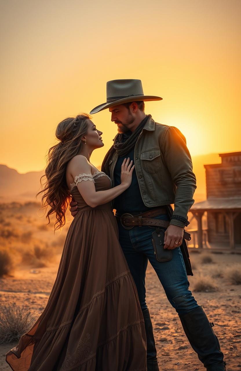 A romantic and adventurous scene featuring Jessie, a strong and independent female protagonist, and a rugged outlaw in a dramatic Western setting