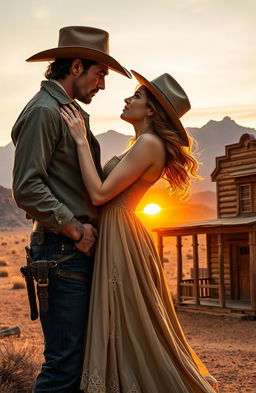 A romantic and adventurous scene featuring Jessie, a strong and independent female protagonist, and a rugged outlaw in a dramatic Western setting