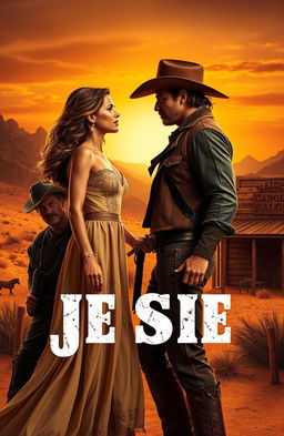 A romantic and adventurous scene featuring Jessie, a strong and independent female protagonist, and a rugged outlaw in a dramatic Western setting
