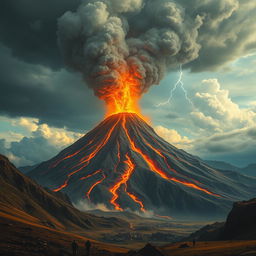 A dramatic scene depicting a catastrophic volcanic eruption on a towering mountain, with fiery lava spewing from the crater and thick, dark clouds of ash billowing into the sky